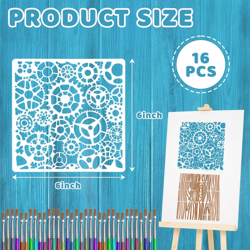 Resflyar 16 PCS Cubist Wood Texture Stencils, 6 Inch Texture Mixed Burlap Reusable Plastic Stencils for Painting on Wood, Geometric Cubist Layering Stencil for Wall Canvas Furniture Tile DIY Craft Home Decor - Image 2